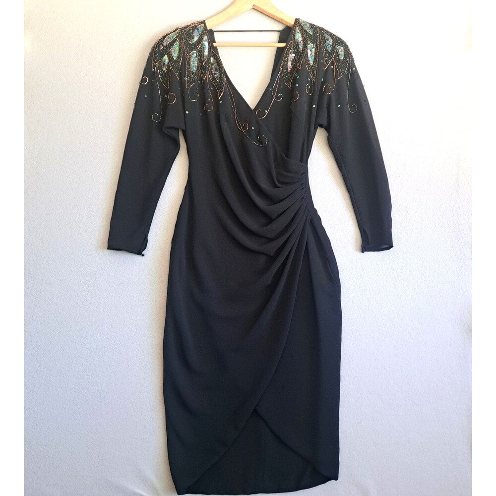Eletra Casadei Evening Gown Womens Size 6 Vintage 1980s Black Beaded Sequin Glam